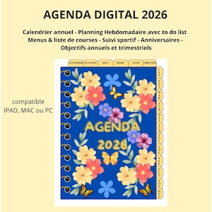 Puede incluir: Agenda digital 2026 con una cubierta azul adornada con flores y mariposas coloridas. La agenda incluye secciones para planificación, menús, seguimiento deportivo, aniversarios y objetivos. Compatible con iPad, Mac o PC.