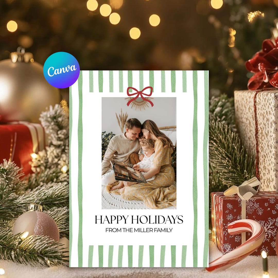 Editable Green Family Photo Christmas Card – Canva Template (digital ...