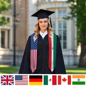 May include: A person in a black graduation gown and cap, with a white shirt. The gown features a sash with the American flag and a Mexican flag. Flags of the UK, Germany, Canada, and India are also displayed.