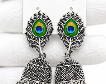 Peacock Feather Jhumka Earrings, Oxidized Silver Dangle, Boho Ethnic Jewelry