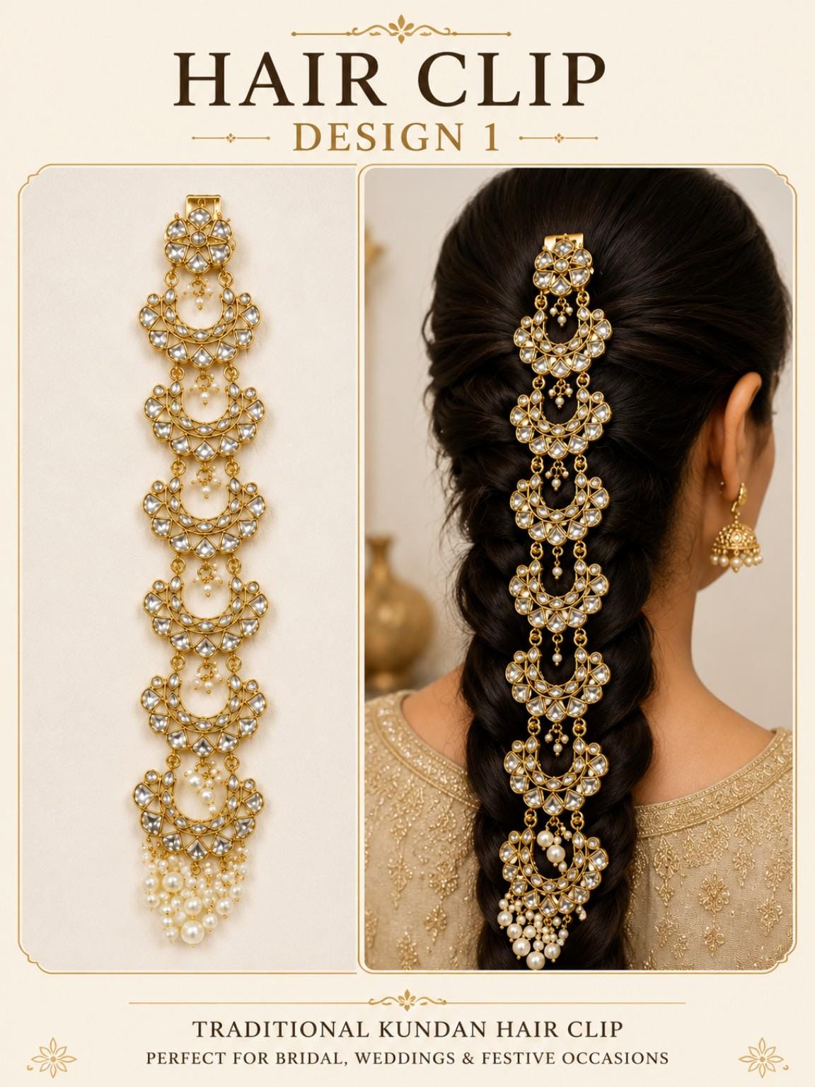 Traditional Kundan Pearl Hair Clip, Indian Bridal Braid Accessory, Festive Ethnic Ornament