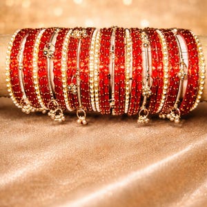 Red Gold Bridal Bangles Set | Traditional Indian Wedding Chura | Embellished Festive Jewelry
