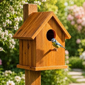 Peut inclure: Un nichoir en bois avec un toit en pente et un trou d'entrée circulaire, fixé sur un haut poteau vertical. Un petit oiseau bleu, jaune et blanc est posé sur le perchoir en bois qui dépasse de la façade, tourné vers la gauche.