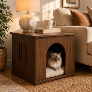Puede incluir: Una casa para mascotas de madera marrón oscuro con una parte superior cuadrada y una abertura frontal arqueada. La estructura cuenta con ranuras de ventilación verticales en el lateral. Un gato claro descansa dentro sobre un cojín color crema.