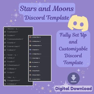 以下が含まれることがあります： 紫色の背景と白い星が描かれたデジタルダウンロードグラフィック。テキストは「Stars and Moons Discord Template」と書かれています。2つのDiscordサーバーチャンネルリストが表示されています。画像にはDiscordのロゴと「Fully Set Up and Customizable Discord Template」というテキストも含まれています。