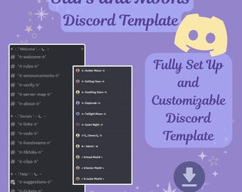 May include: A digital download graphic with a purple background and white stars. The text reads "Stars and Moons Discord Template." Two Discord server channel lists are shown. The image also includes the Discord logo and the text "Fully Set Up and Customizable Discord Template."