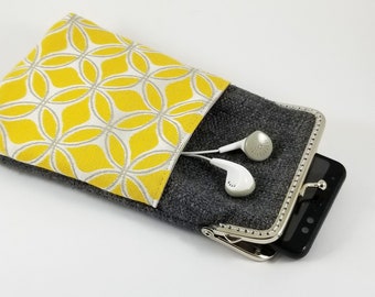 Smartphone Case with a Compartment for Headphones, Case with Kiss Lock, Wristlet iPhone Case, Passport Cards Wristlet Case, Fabric Case Gift