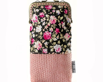 Floral Eyeglasses Case, Bronze Frame, Padded Fabric Travel Pouch