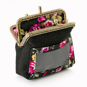 Frauen Slot Brieftasche, Ausweis ID Brieftasche, Visitenkartenhalter Geldbörse, Doppel Taschen Mini Brieftasche, Kiss Lock Geldbörse, schwarze ID Brieftasche für Frauen