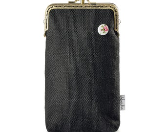 Handmade Double Pocket Eyeglass Case, Black Upholstery Fabric, Floral Interior
