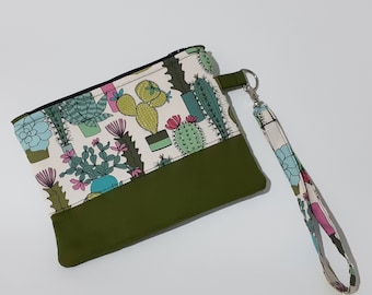 Make Up Bag, Wristlet Zip Pouch, Cactus Plants Print Zipper Bag, Cosmetic Wrist Case, Pencil Mobile Case, Toiletry Bag, Fabric Phone Clutch