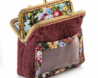Handmade Coin Purse, Double Kisslock Wallet, Wine Upholstery Fabric