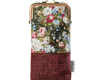 Handmade Floral Eyeglass Case, Padded Wine Upholstery Fabric
