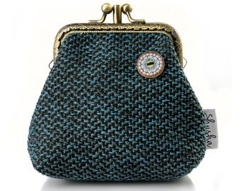 Double Pocket Kiss Lock Coin Purse, Dark Blue Floral Wallet