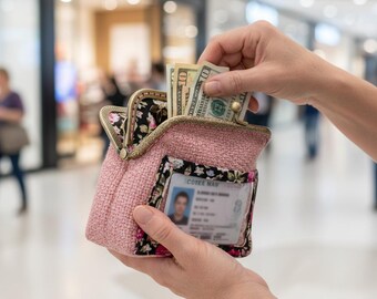 Handmade Pink Kiss Lock Coin Purse, Wallet with Badge ID Holder