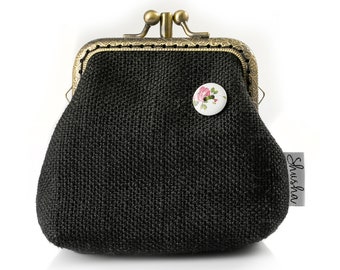 Handmade Black Kiss Lock Coin Purse, Vintage Style Personalized Gift