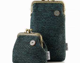Handmade Dark Blue KIss Lock Coin Purse and Glasses Case Gift Set, Vintage Style
