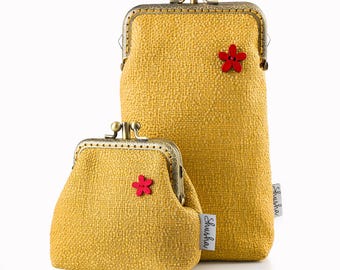 Handmade Mustard Yellow Kiss Lock Coin Purse and Glasses Case Set, Vintage Style