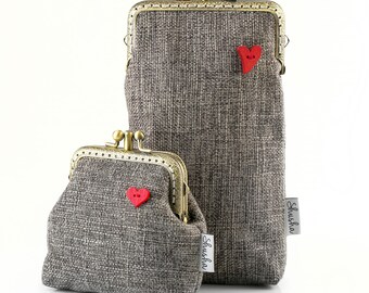 Gray Handmade Kiss Lock Coin Purse and Eyeglasses Case,  Gift Set For Women