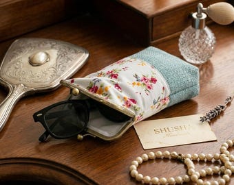 Handmade Floral Eyeglass Case, Padded Fabric, Bronze Clasp
