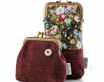 Handmade Wine Upholstery Coin Purse and Floral Eyeglass Case Gift Set