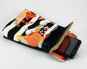 Smartphone case with a compartment for Headphones, Case with Kiss Lock, Wristlet iPhone Case, Passport Cards Wristlet Case, Fabric Case Gift