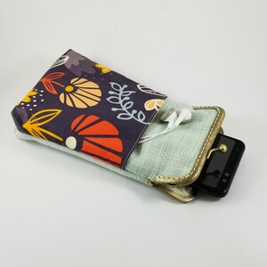 Étui pour smartphone avec compartiment pour écouteurs, étui avec cadenas Kiss Lock, étui pour iPhone avec bracelet, étui avec bracelet pour cartes de passeport, étui cadeau en tissu