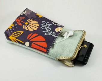 Smartphone Case with a Compartment for Headphones, Case with Kiss Lock, Wristlet iPhone Case, Passport Cards Wristlet Case, Fabric Case Gift