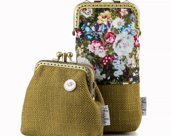 Handmade Coin Purse and Eyeglasses Case Set, Floral Cotton and Olive Green