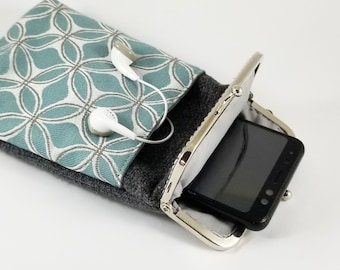 Wristlet iPhone Case, Smartphone Case with a Compartment for Headphones, Case with Kiss Lock, Passport Cards Wristlet Case, Fabric Case Gift