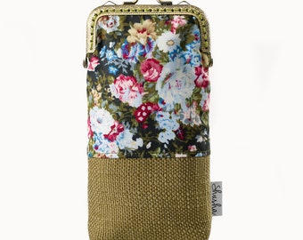 Floral Fabric Eyeglasses Case, Olive Green Upholstery, Bronze Clasp