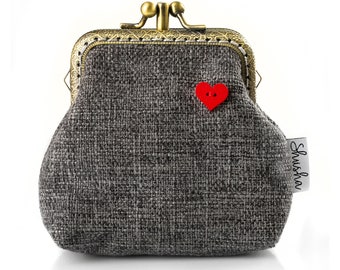 Personalized Gray Coin Purse, Double Kiss Lock Wallet, Vintage Style