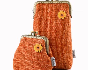 Handmade Orange Kiss Lock Coin Purse and Glasses Case Set, Vintage Style