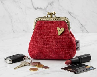 Red Handmade Fabric Kiss Lock Coin Purse, Personalized Gift Style Vintage