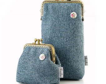 Handmade Coin Purse and Eyeglasses Case Gift Set, Blue Upholstery Fabric
