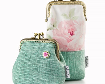 Handmade Double Clasp Coin Purse & Eyeglasses Case, Vintage Floral Gift Set