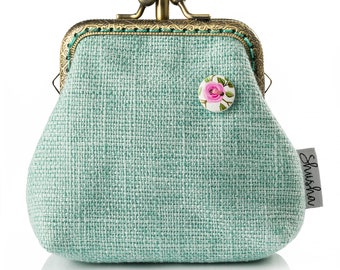 Mint Green Kiss Lock Coin Purse Style Vintage, Personalized Initial Available
