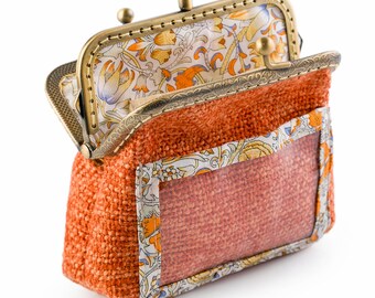 Handmade Orange Coin Purse, Kiss Lock Wallet, Badge ID Holder