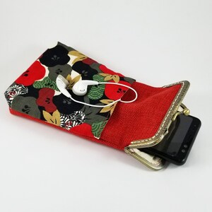 Étui avec bracelet pour iPhone, étui pour smartphone avec compartiment pour écouteurs, étui avec cadenas Kiss Lock, étui avec bracelet pour cartes de passeport, étui cadeau en tissu
