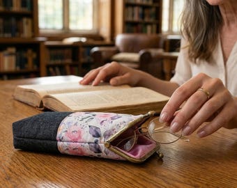 Floral Denim Eyeglasses Case, Bronze Clasp, Padded Glasses Pouch