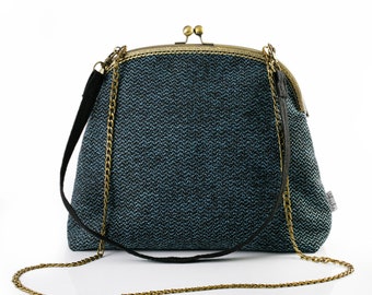 Kiss Lock Crossbody Bag, Blue Upholstery Fabric Purse, Bronze Chain