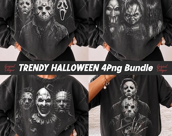 May include: A collection of four charcoal gray crewneck sweatshirts featuring graphic prints of various horror movie characters. The designs include iconic figures such as Michael Myers, Jason Voorhees, Ghostface, Chucky, and others in a distressed style.