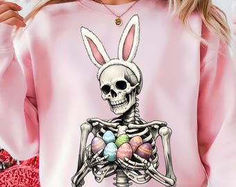Skeleton Easter Bunny PNG, Gothic Bunny Skull with Eggs, Spooky Cute Spring Sublimation Design, Retro Easter Shirt Graphic
