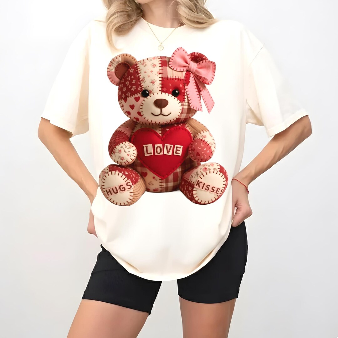 Patchwork Teddy Bear PNG, Valentine Hugs and Kisses PNG, Quilted Love ...