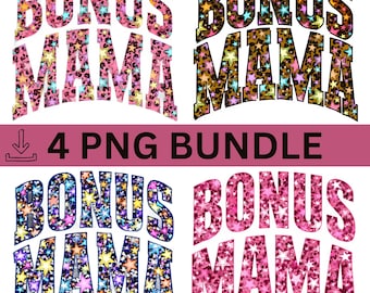 Colorfull Star Bonus Mom PNG Bundle, Step Mom Mothers Day Shirt Designs, Leopard Star Mama Graphics, Bonus Mama Sublimation PNG Pack of 4