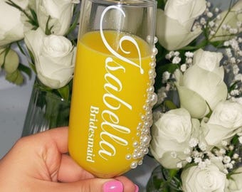 personalisierte Perle Champagner Flöte Brautjungfer Vorschlag und Morgen der Hochzeit
