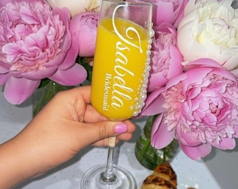 personalisierte Perle Champagner Flöte Brautjungfer Vorschlag und Morgen der Hochzeit