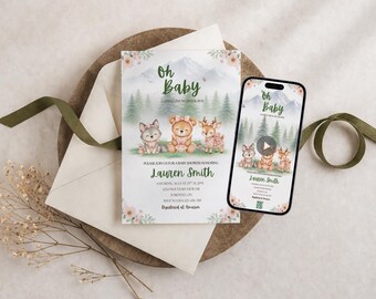 森の動物をテーマにしたベビーシャワー招待状セット、Oh Baby、印刷可能＆モバイル対応招待状、Canva編集可能、森の動物、即時ダウンロード