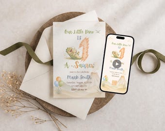 One A Saurus 1歳の誕生日招待状、恐竜1歳の誕生日招待状（男の子向け）、恐竜誕生日パーティー、編集可能なCanvaテンプレート、即時ダウンロード