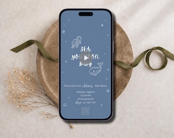 Sea You Soon ベビーシャワー モバイル招待状、海の生き物、編集可能なCanva、アニメーションビデオ招待状、即時ダウンロード